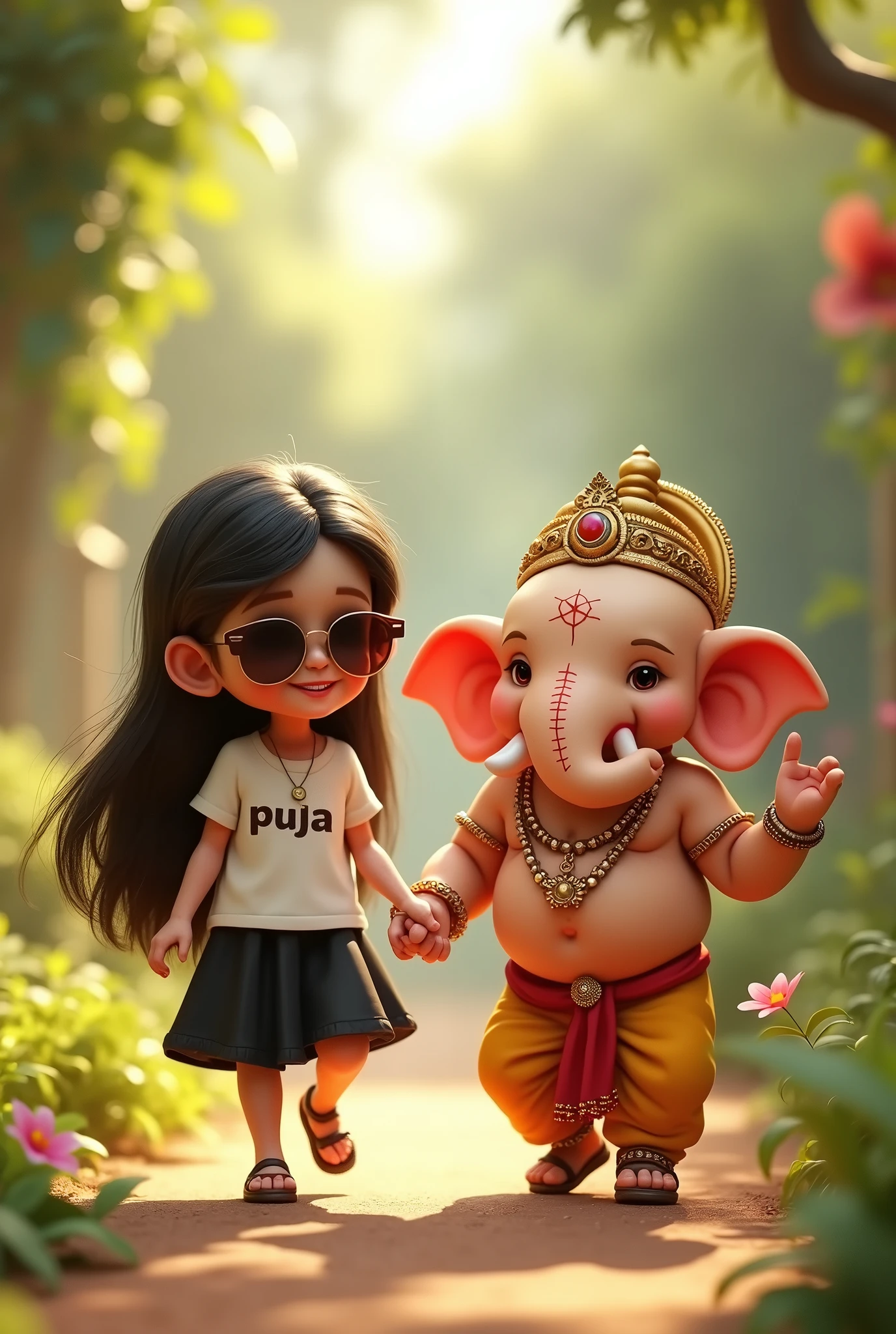 Create a 3D rendered image of a Child girl with long, flowing hair, wearing sunglasses and a white T-shirt with the name 'PUJA' printed on it and Black skirt. The girl is holding hands and walking with a cute, anthropomorphic version of the Hindu deity Child Ganesha. Ganesha is depicted with a white, slightly chubby elephant head, adorned with traditional jewelry and a crown. The background is a serene, green, garden-like environment with soft lighting, creating a warm and peaceful atmosphere.