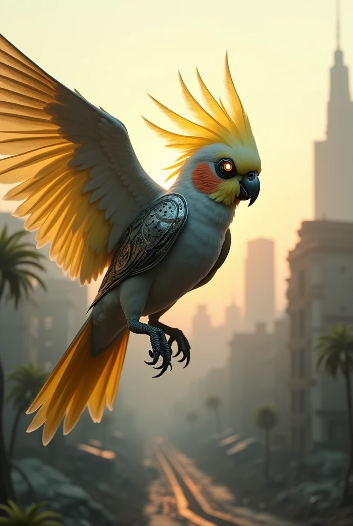 Male cockatiel with bionic wings,olho bionico , and steel beak in a post-apocalyptic environment in a high definition dawn