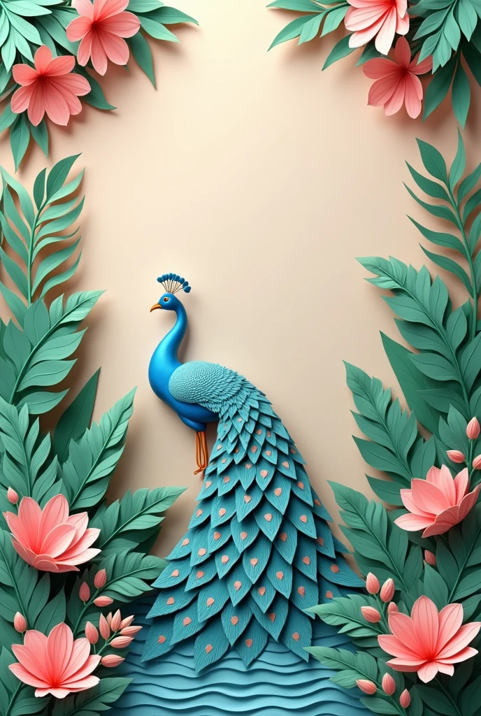 Wallpaper art, paper peacock, with paper flowers tropocal plants , pastel color