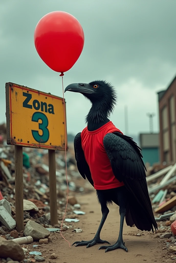 A black vulture wearing a red T-shirt holding a red ballon in a dump with a sign "ZONA 3" on it