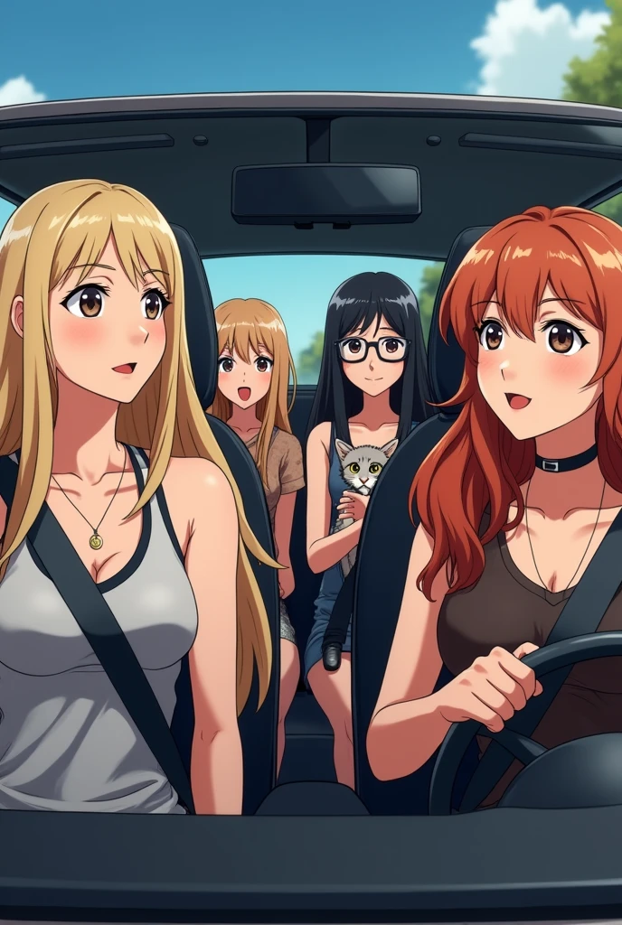 Animated image of a blonde woman with long straight hair dressed in sportswear, another woman with long black hair and glasses dressed in black and white skin, another woman with wavy copper hair and white skin with a kitten in her arms and another woman with Chinese blonde hair and white skin dressed as a teacher in total four women all go in a car