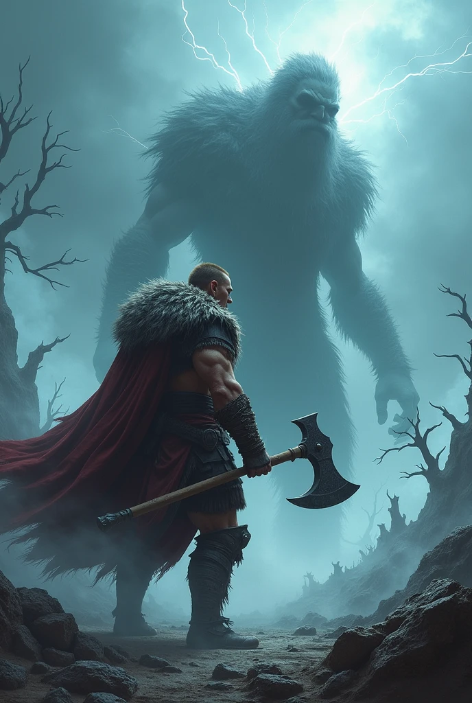Viking Berserker vs. Gloom Wraith: A fierce Viking berserker clad in fur and iron, wielding a massive axe, stands defiant against a looming wraith shrouded in dark mist. The battlefield is a fog-covered, desolate landscape with lightning illuminating the clash.
