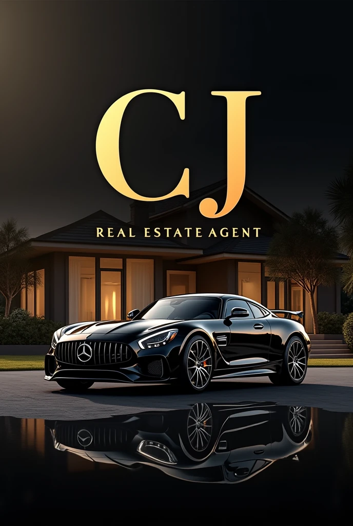 a black and gold art with the name CJ Real Estate Agent with a luxury house in the background and a real sports car underneath the car the name real estate agent