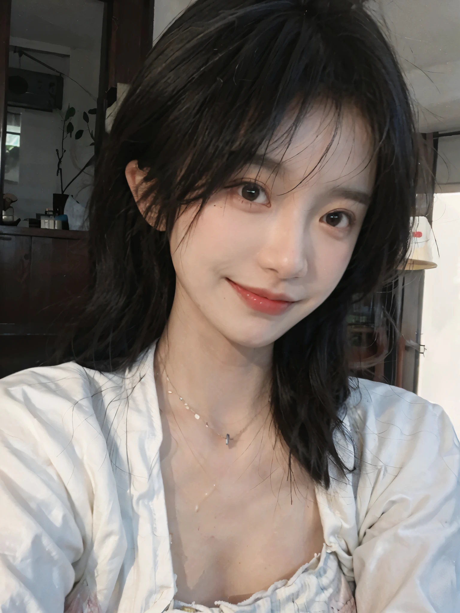 best qualtiy, Ultra-high resolution, (realisticlying:1.4),cute hairpin,Baoyu Girl,European style apartment,(flatchest:1.2) ,A pair of clear and moving peach blossom eyes,Royal Sister,sunshine on face,Big waves,(ln the forest:1.4),(choker necklace:1.2),(Fair skin:1.4),a sense of atmosphere,a beauty girl, ssmile,head straight-looking at viewer, closeup cleavage ,(Photorealistic:1.4),1girll,sexly,(Upper body:1.4),(Wet body),(:1.2)