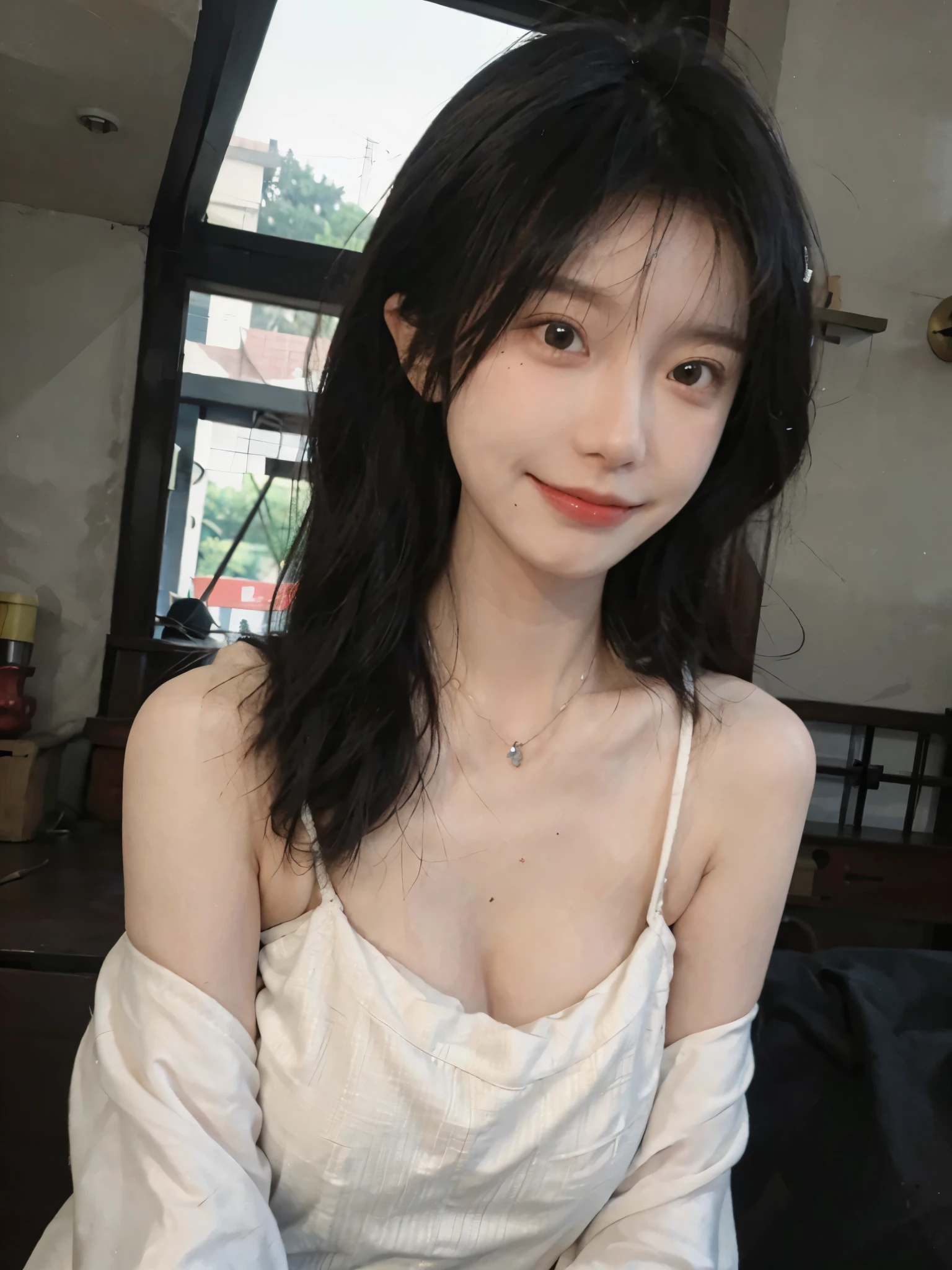 best qualtiy， Ultra-high resolution， （realisticlying：1.4），cute hairpin，Baoyu Girl，European style apartment，（flatchest：1.2） ，A pair of clear and moving peach blossom eyes,Royal Sister，sunshine on face，Big waves，（ln the forest：1.4），（choker necklace：1.2），（Fair skin：1.4），a sense of atmosphere，a beauty girl， ssmile，head straight-looking at viewer， closeup cleavage ，(Photorealistic:1.4),1girll,sexly,(Upper body:1.4),(Wet body),(:1.2)