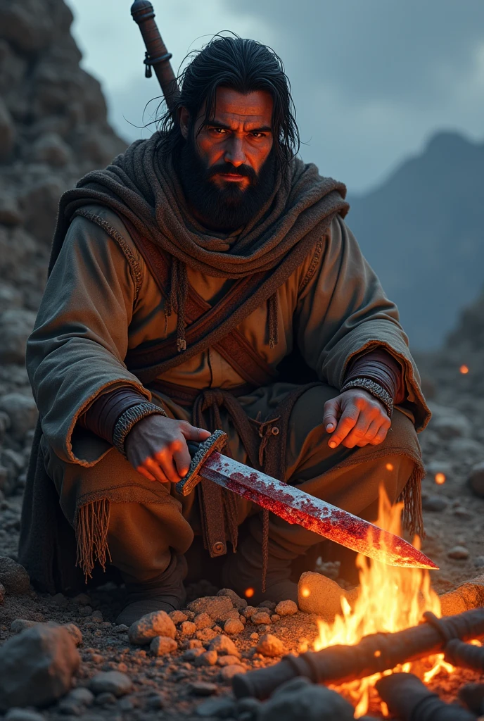 (photorealism:1.2), pitiful looking persian warrior, using his bloody sword to cook lamb kebab on an open fire. 