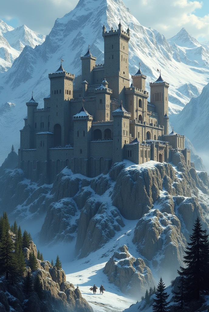 a medieval military castle, on a mountain with realistic terrain.