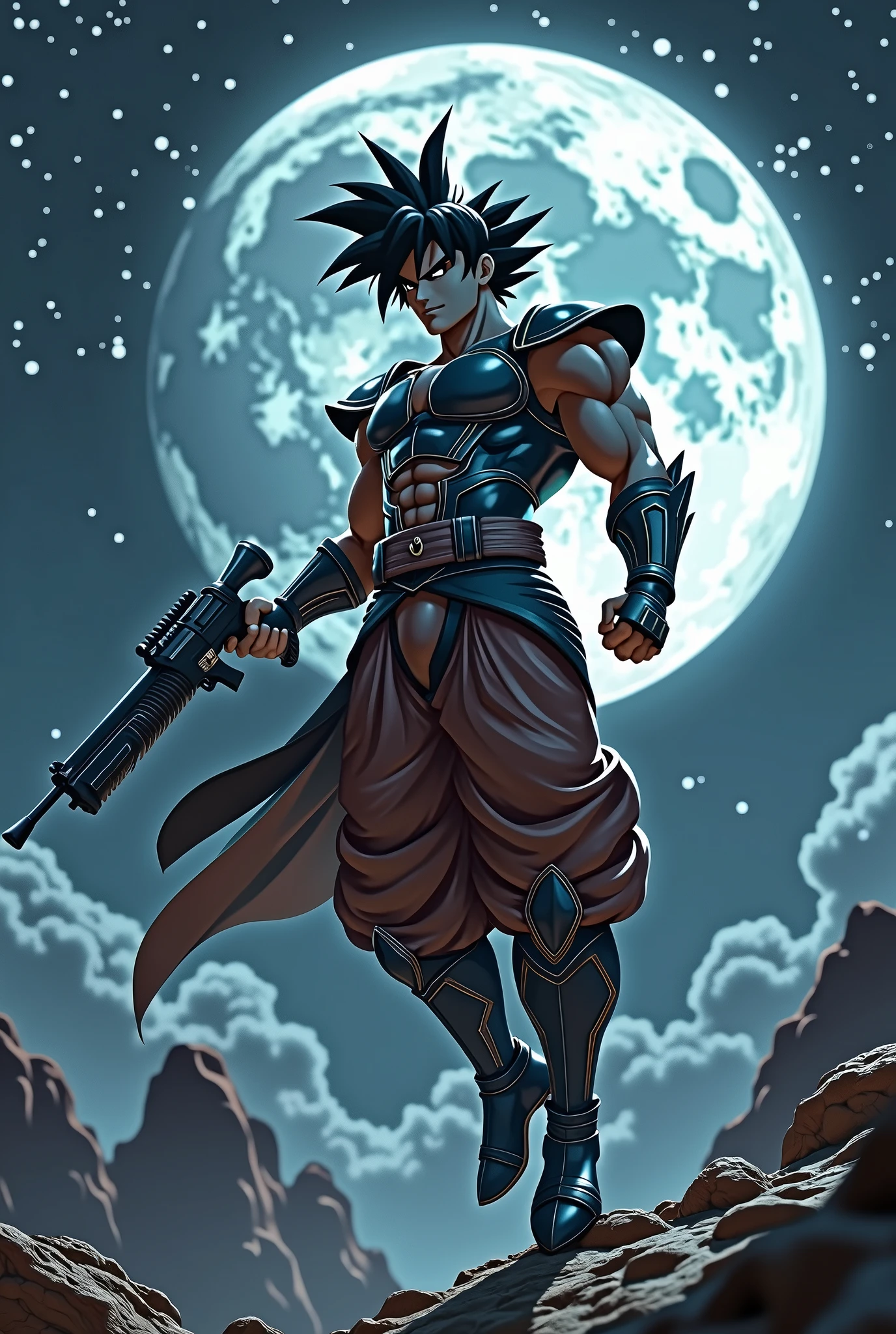 Dark Goku,Ares costume,Holding the latest long gun,Coming from the sky,Moon glare and starry background