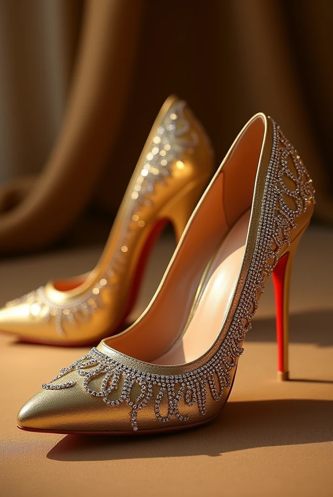 Gold shoes for women with diamond inlays for gala party