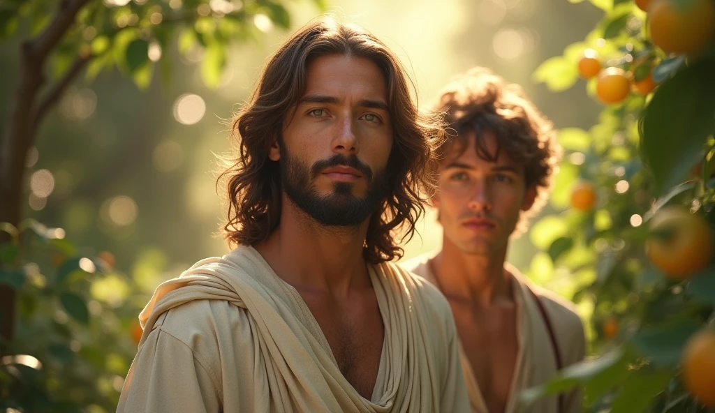 Descreva uma imagem de Jesus Christ walking in the enchanting garden of Eden with Adam. Adam is in his 20s, short curl light brown 7" hair, green eyes. Jesus is in his mid 30s, light blue eyes, wavy 14" dark brown hair, very handsome, emanating a divine aura and looking directly into the camera with a penetrating and compassionate gaze. The scene around him radiates a sense of serenity and transcendence, com cores suaves e uma atmosfera celestial. Highlight the details of the expression on your face, the sparkle in your eyes and the sense of peace and grace that your presence radiates in this sacred moment, 32K UHD, Style Raw, Afternoon sun, warm tone, cinematic
