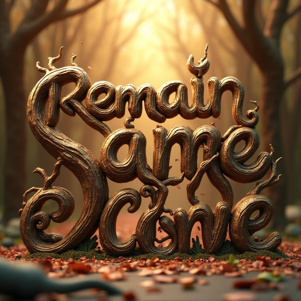 A stunning 3D composition showcasing the phrase "Remain the same or more in bonding/fonding over the years" in a dynamic and elegant font. The curved letters are made of intertwined tree branches or roots, symbolizing growth and connection over time. The warm, nostalgic background features a rich blend of earthy tones, with subtle gradients that evoke a sense of continuity and enduring relationships. Soft lighting enhances the warmth and depth of the message, creating an intimate and heartwarming atmosphere., typography, photo.