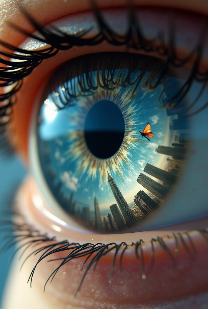 Create an image of a human eye and it reflects a large city with skyscrapers, Finish drawing the iris and the little animal, the image of the city is slightly blurred as if in a haze, as a reflection