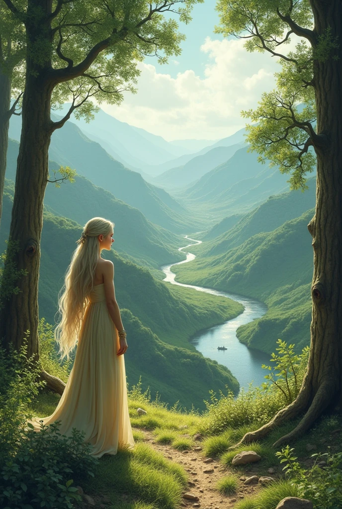 Elven landscape with inscription in the Elvish language (tengwar ) avec un elfe aux oreilles courtes au cheveux long blond très clair 