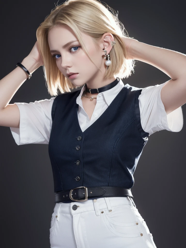 highest quality, High resolution, And 18, One girl, Android 18, alone, Blonde Hair, blue eyes, belt, jeans, Pearl_necklace, bracelet, Black gloves, White shirt, short hair, Short sleeve, Earrings, Blue pants, Open Vest, Black vest, , (Dark Background:1.3),Expressionless, (((With her right hand she is pushing her hair behind her ear.)))), (((The left hand is down))))