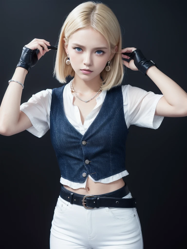 highest quality, High resolution, And 18, One girl, Android 18, alone, Blonde Hair, blue eyes, belt, jeans, Pearl_necklace, bracelet, Black gloves, White shirt, short hair, Short sleeve, Earrings, Blue pants, Open Vest, Black vest, , (Dark Background:1.3),Expressionless, (((With her right hand she is pushing her hair behind her ear.)))), (((The left hand is down))))