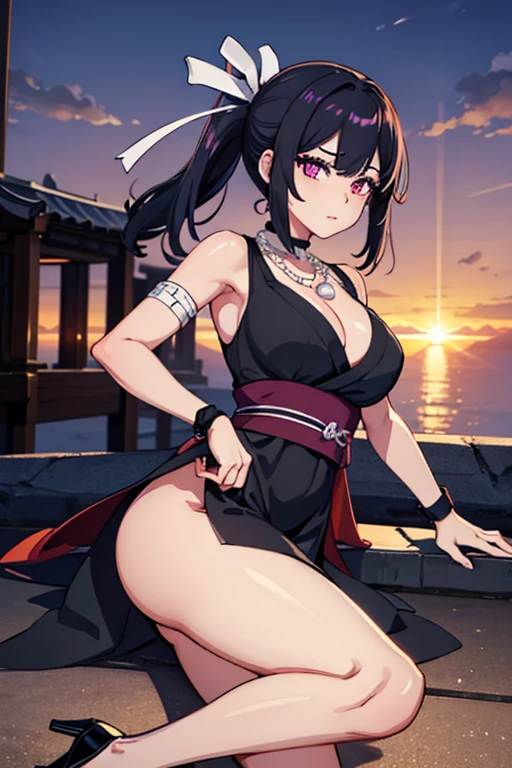 Highest quality、Ultra HD、One Woman、(Purple ponytail 1.3)、(Black Dress 1.3)、(Black Heels 1.1)、(Thigh 1.2)、((Shoot a gun 1.2))、(White ribbon 1.2)、(Beautiful face like a Japanese actress 1.2)、(Pearl Necklace)、tall、(Black wristband on right wrist)、Adult women、Slender body、((Large Breasts))、(Sunset city background 1.2)、((Clear and beautiful touch))