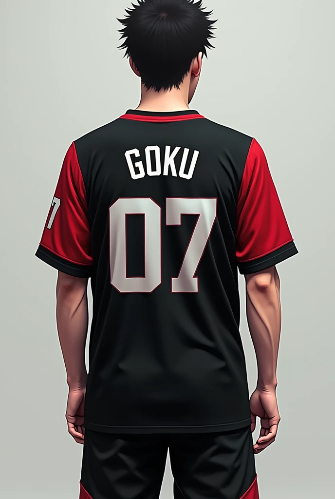 Make a person showing his backside with a jersey coloured with black and sleeves red coloured with a jersey number 07 with the name GOKU and above the name written in fonts immortal souls in medium font