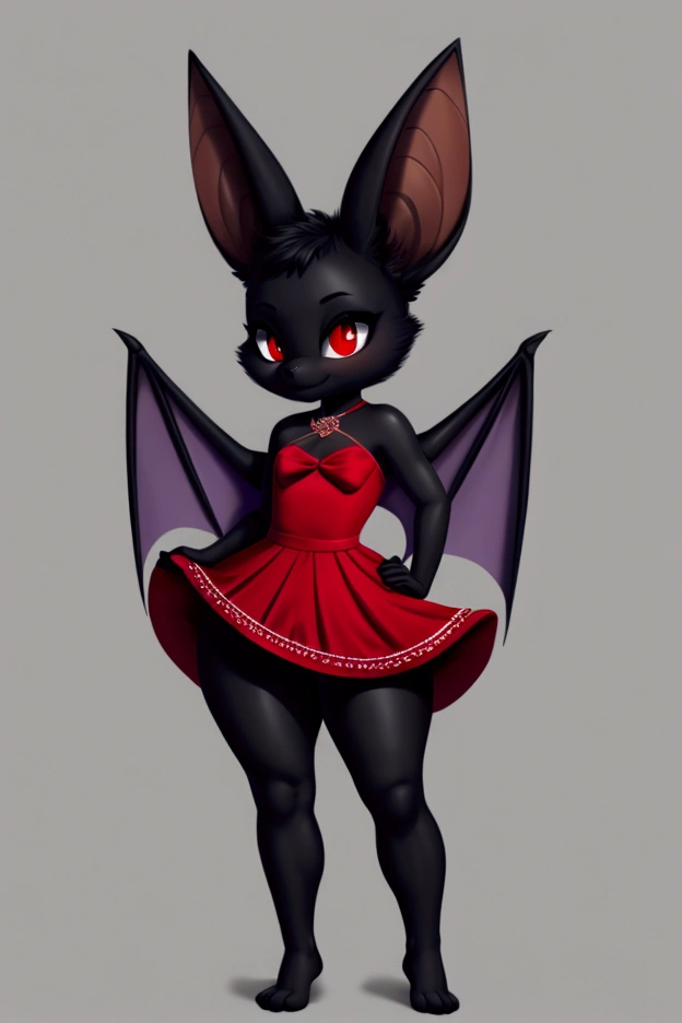 Little slim female bat with nice big thighs and black fur and cute red eyes and is wearing a short dress with a full body purple mini skirt and is .