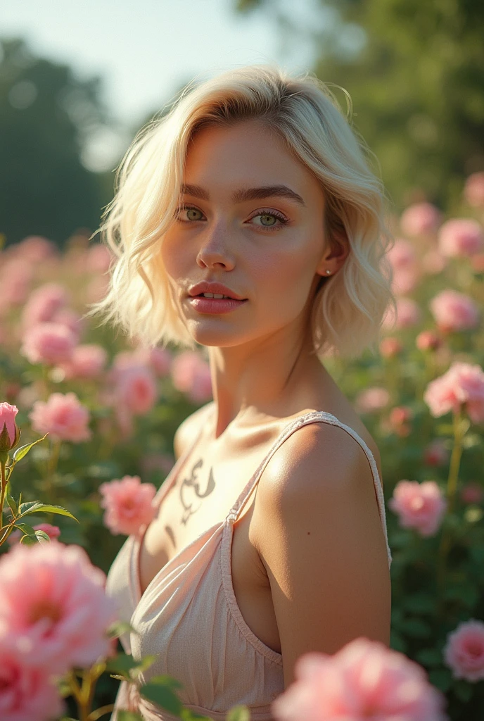 8ก, raw photos, Fujifilm, Stylish photo of a beautiful young woman as Avril in a garden of pale pink roses. (Highly detailed skin: 1.2) Style-Petal BREAK short hair, Blonde hair with colored locks, wear a dress, Film pellets, 35mm, cute style