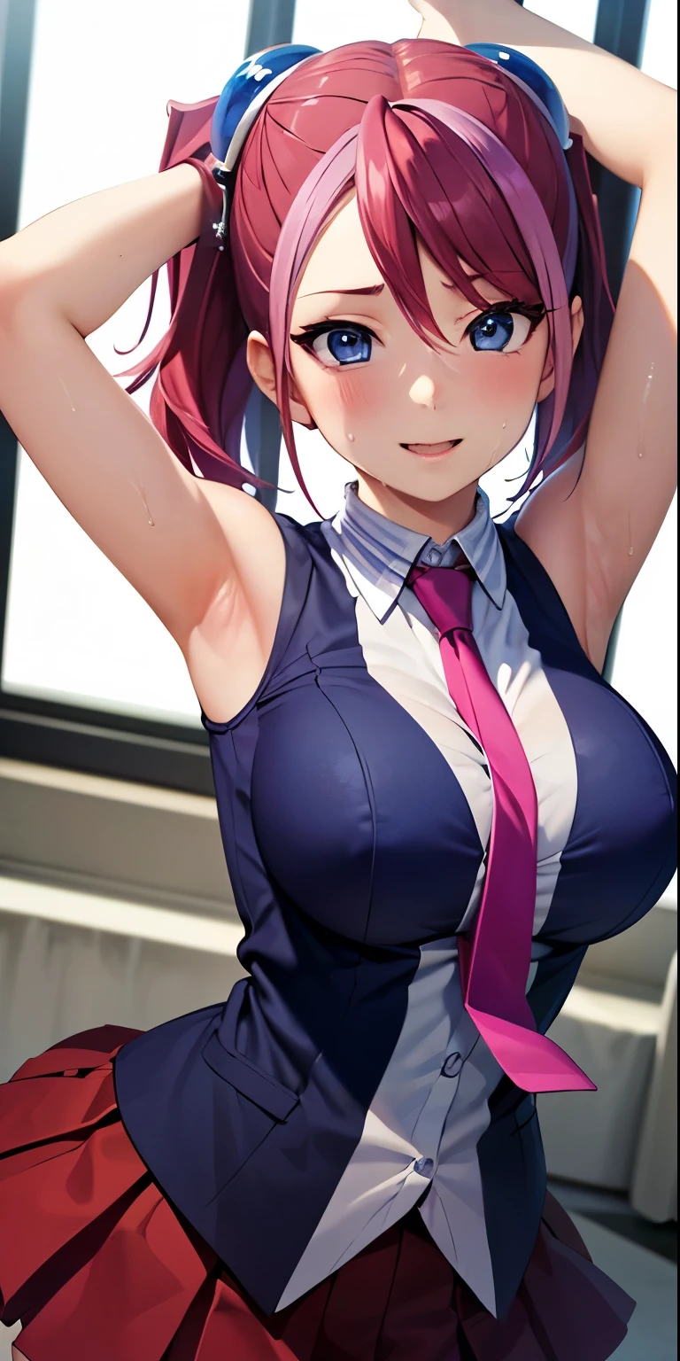 1 Female,High definition,high resolution,Ultra-realistic,8K, hy1, hair ornament, multicolored hair, necktie, skirt, sleeveless, , pink skirt, tight skirt,miniskirt, jewelry,European,,Upper body close-up,Photographed from the front,Dynamic Angles,blush, medium , happy, wink the eye,facial, sweat,multicolored hair ,  arms up,arms together 