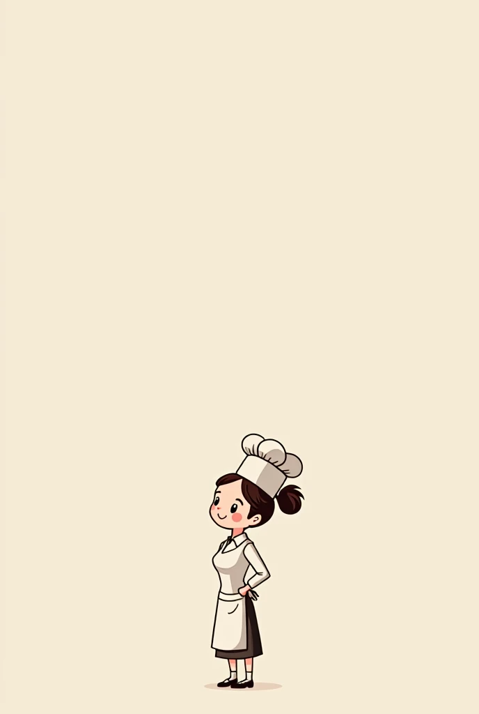 Minimalist cartoon of a woman pastry chef, looking calm, smiling and happy. Its appearance is small and cute.. With a ponytail in her hair 