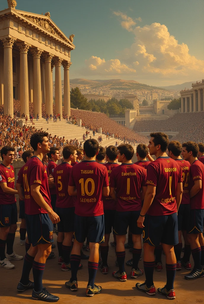 Please create a Renaissance style picture of Barcelona’s 2008/09 treble (UEFA Champions League, La Liga and Copa del Rey) with ancient Greek setting. Use techniques such as chiaroscuro and warm color palette.