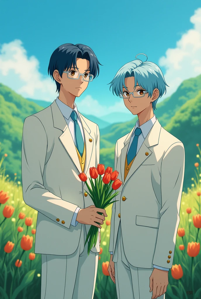 Create a gibli studio type image of two men in white suits, One with navy blue hair and the other with light blue hair and holding a bouquet of tulips in his hand, that both have glasses and brown eyes