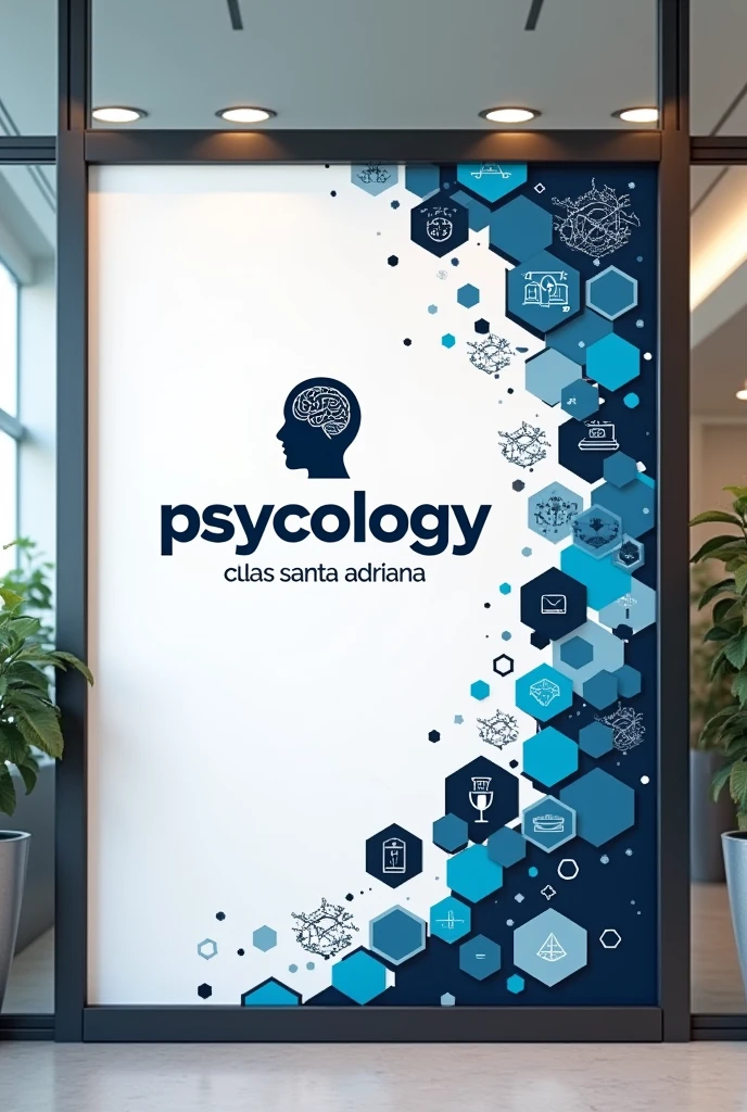Hello, Can you generate a giant poster that has real dimensions of 2 meters by 1?.20 meters, but at scale size you can make it to print it, that has the psychology logo and other logos that have to do with psychology like brains, etc well framed, and the following texts preferably in the center, "c.S cLAS SANTA ADRIANA" "PSIcOLOGÍA". Please horizontally