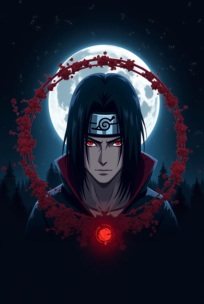 Create logo itachi uchiha from naruto in background circle and inside the circle dark sky moon and on the circle write SOORYA