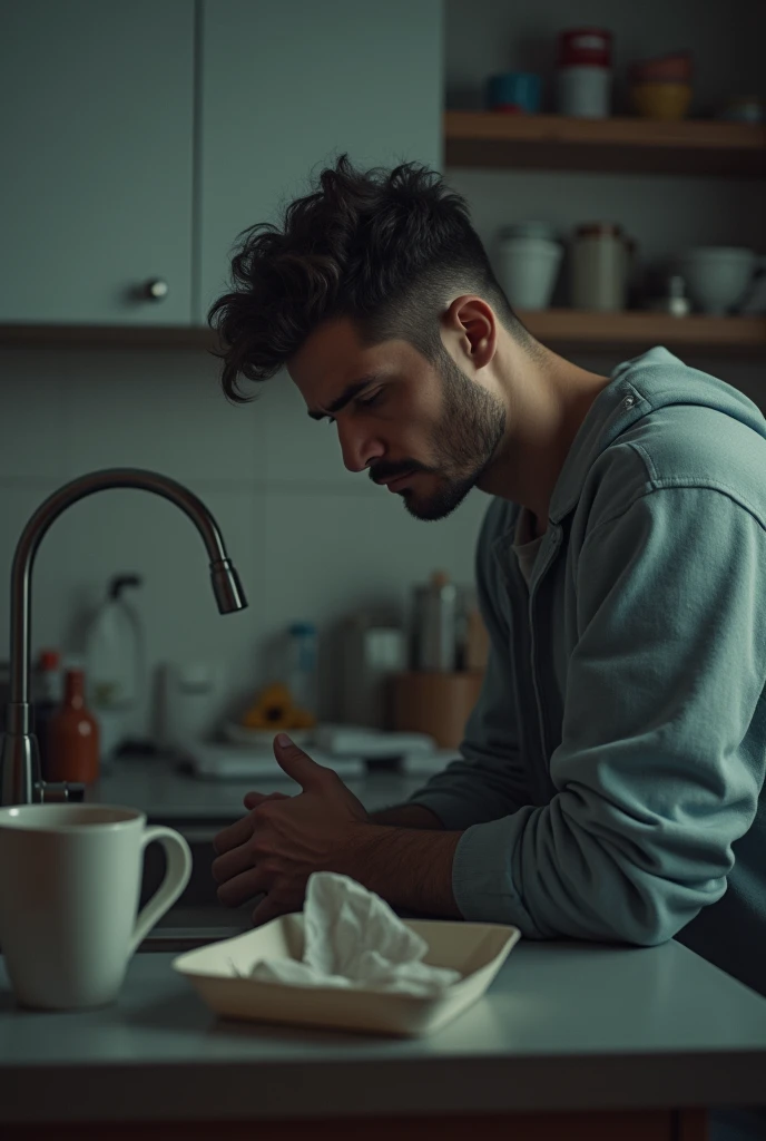 Sad 30 year old young man near dirty dishes in the sink

