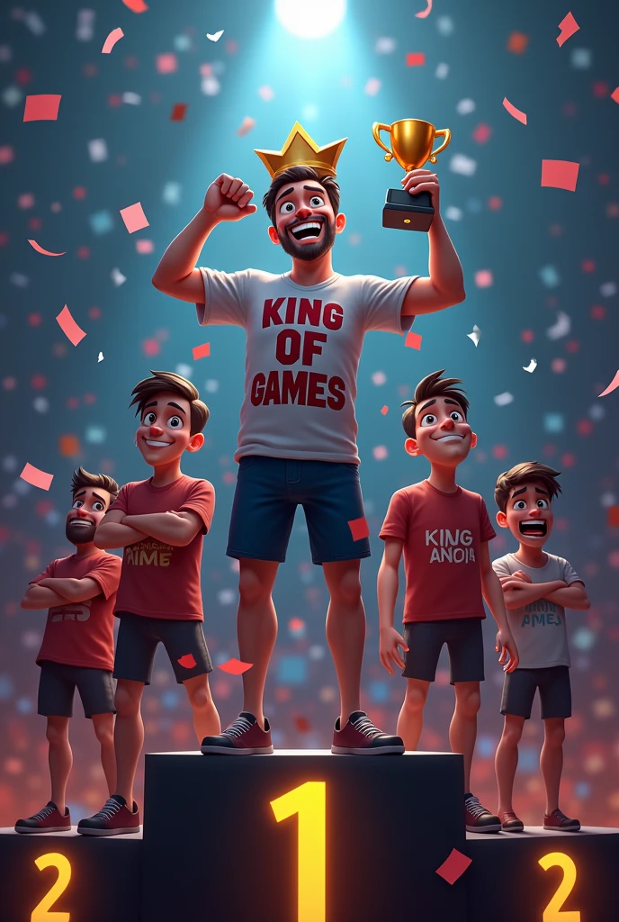"Create a podium with five places. In the first place, show a man standing proudly, holding a golden game controller. He is wearing a champion's crown and a shirt that says 'King of Games.' The man should have an intense, triumphant smile, radiating pure joy. From the second to fifth places, depict people who are visibly devastated, crying with tears streaming down their faces, and showing deep sorrow and frustration. The contrast between the champion's happiness and the overwhelming sadness of the others should be stark. The background features confetti falling only around the first-place winner, emphasizing his victory, while the other competitors are left in the shadow of defeat."
This prompt should create a powerful contrast between the winner's joy and the other competitors' misery.