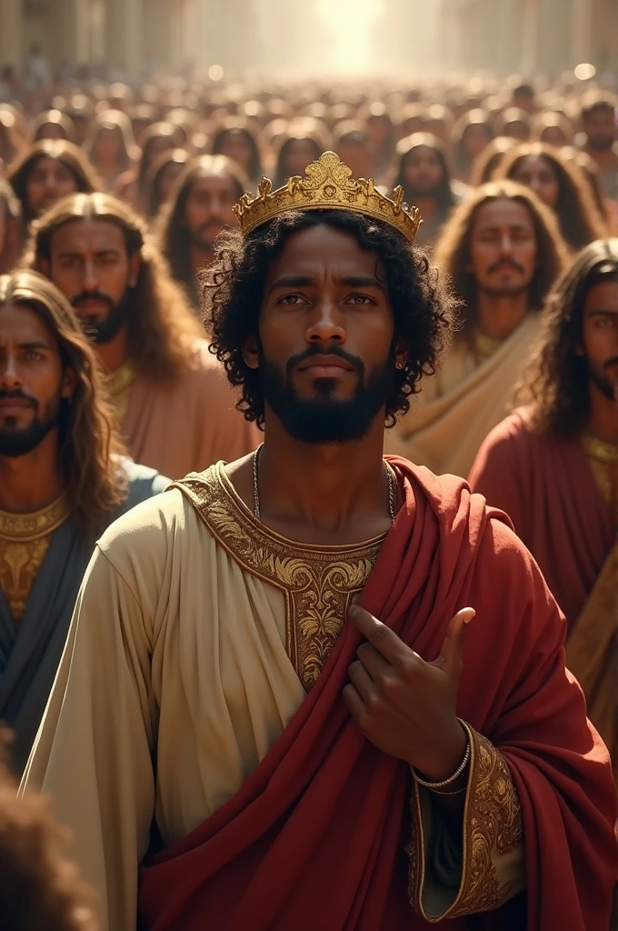 Jesus depicted with dark skin, short, curly, dark brown hair, short beard, eyes browns, strong facial features, wearing a golden crown and walking among the crowd of believers of the time.