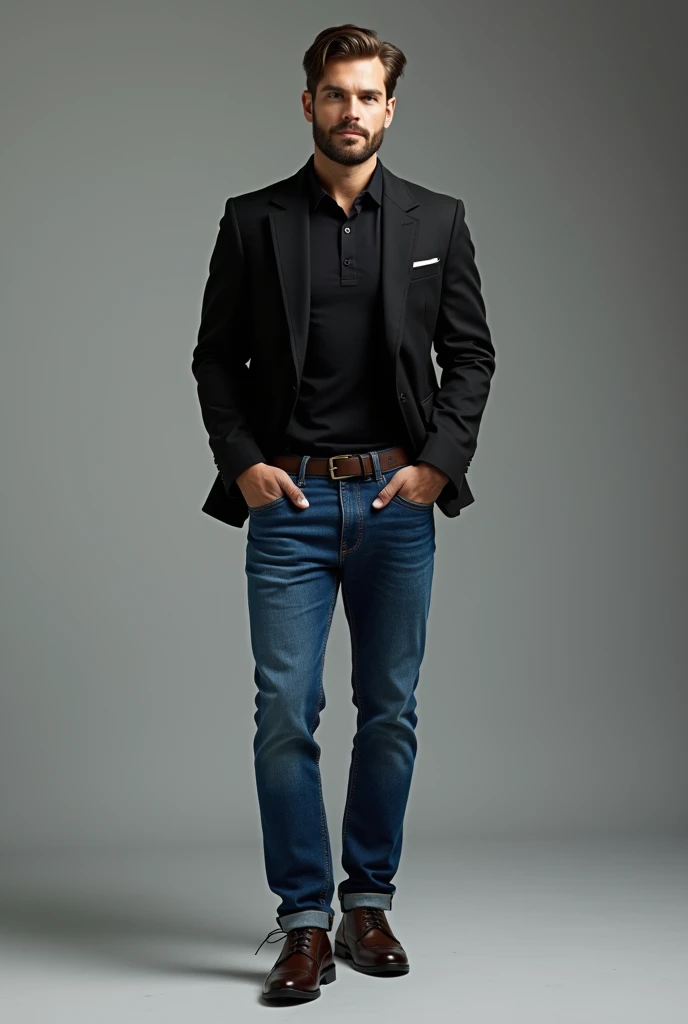 Create a clothing combination for a black polo shirt for men, with a combination with a jacket or jacket full body image,  polo shirt, with blue jeans, for the office 