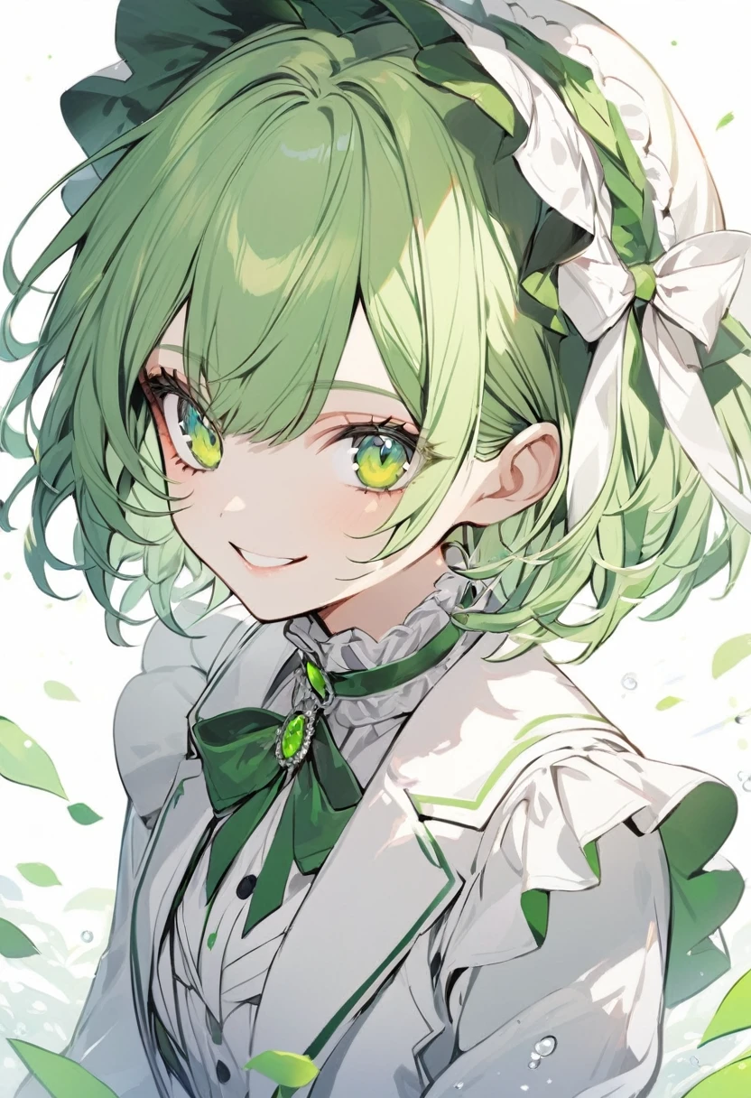 good looking, alone, 1 girl , short hair, sharp green Eyes, green hair , White, Smile Facial, front, Upper Body , white suit , lolita