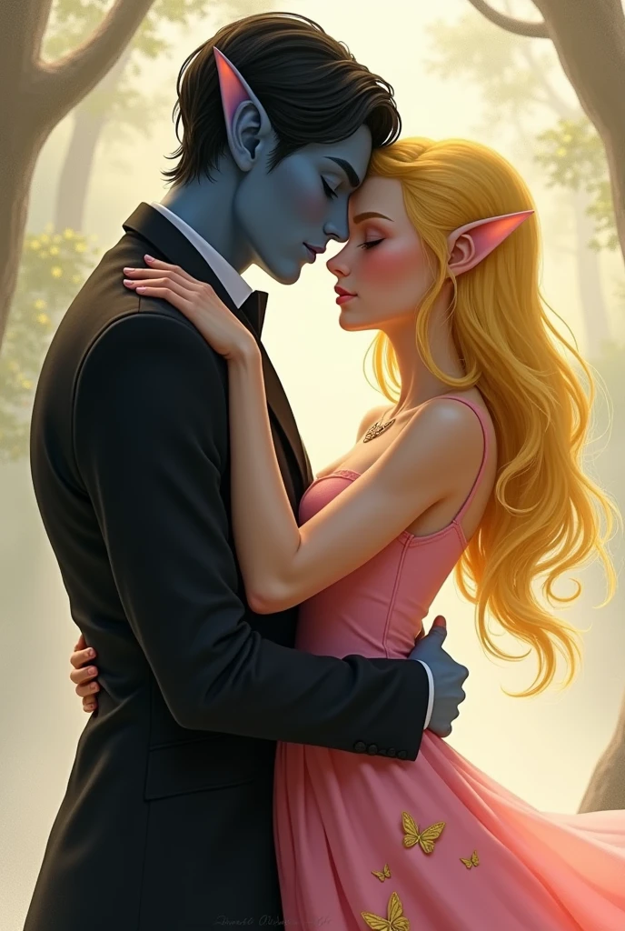 work of art, yellow haired elf woman, short up to the shoulder, short pink butterfly dress, sleeveless, hugging her boyfriend, Dark blue skinned boyfriend, elf ears, Black Suit, Dark Blue Hair