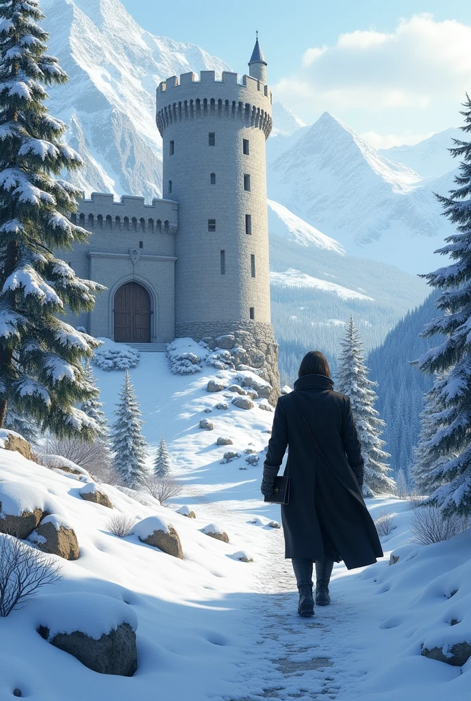 Generates a mountainous landscape, that it is snowing that there are snow-covered pines, Within the landscape place a castle in the background, with a large wooden door, the castle must be covered by snow, generates a path that leads to the castle and on the path a knight in a black coat, the man has black hair, In his right hand he should have a black notebook and he is walking towards the castle, the image must be realistic 