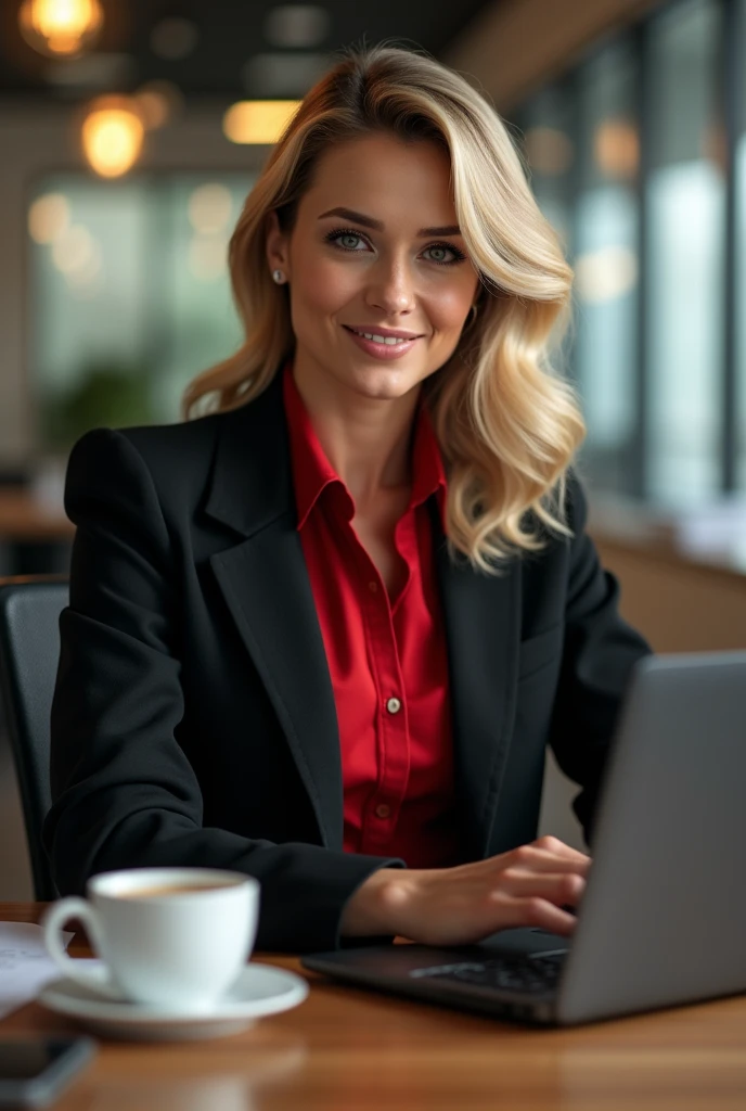 A 3 Brazilian woman, blonde 1,67 with 75kg, with black clothes and red shirt, a black coat, in an office sitting.Drinking coffee and using a notebook