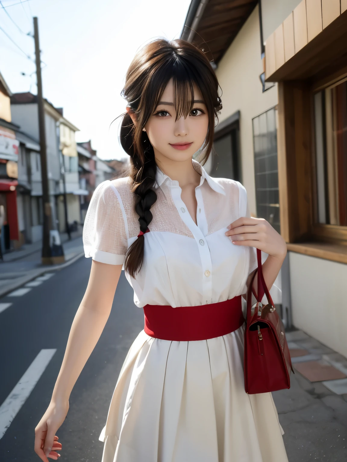 (8k, RAW Photos, Highest quality, High resolution:1.1), (Best image quality:1.35), High resolution, Realistic photos, (One Woman:1.33), Beautiful expression, (Detailed eyes:1.4), (Iris:1.4), (Detailed face:1.35), (Shiny Hair:1.4),
BREAK the Beauty of Japan, cute girl, Pretty girl, Japanese girl,
BREAK (see-through silhouette:1.3),
BREAK white collared shirt, short sleeve, tiered skirt, Transparent nipples,
BREAK walking, (face close up:1), Petite, Lean Body, full Breasts, smile,
BREAK 1girl, solold, shigure, (hairs between eyes:1.5), ahoge, single braid, hair ornament, hair flaps, hand ribbon,
BREAK in the street,