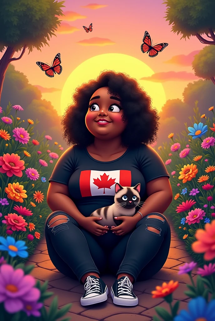 A slightly chubby black woman with curly hair, a black t-shirt with the Canadian flag, black jeans ripped at the knee and sneakers, she is in a garden full of flowers with the sunset in the background around her full of colorful butterflies with a Siamese kitten on her lap and sitting. animated cartoon