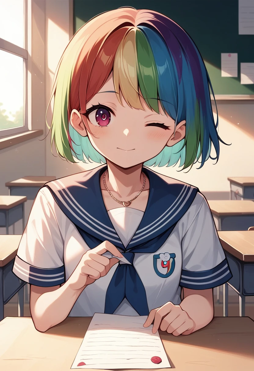 (((anime))) A woman winking,Hand over the letter,Gal,Short Hair,Messy short bob,(Rainbow Hair),Oblique bangs,One eye is hidden,Blushing,necklace,Rainbow Eyes,Big eyes Sailor suit,Volume sleeve,classroom,sunlight,masterpiece,Highest quality,Exquisite,8k,Absurd,Ultra-fine illustrations,(View your audience)