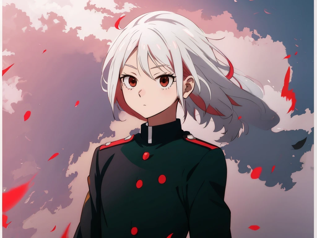 An anime-style with white hair, red highlights, neutral expression, My Hero Academia style, Round face, neutral lighting, fundo cinza.