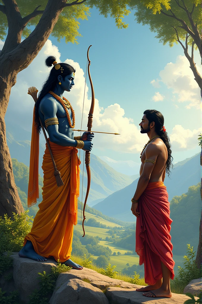 Lord krishna teaching arjuna how to focus on aim with bow