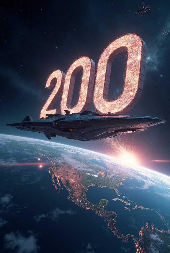 a giant space ship projecting a giant number 200 on earth from space and from earth celebrating the number from firing crackers in space. 4k quality detailed image, make sure number has to be correct, 