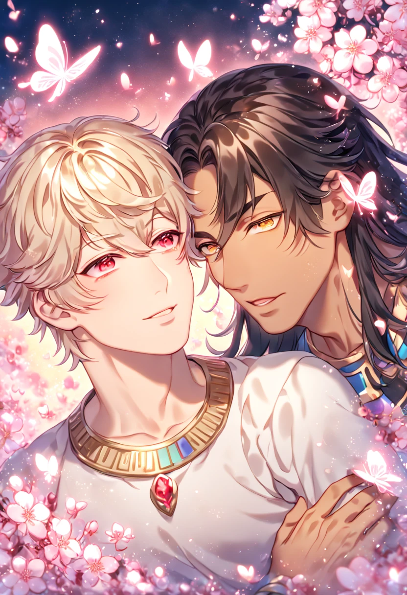 High resolution, ultra detailed, high quality, absurd resolution, HDR, best quality, master piece, detailed face, detailed eyes, delicated features, tanned skin, Mimi, black long hair, expressive yellow eyes, goodbye，My King, Zhang Li, ash-blonde short hair, expressive red eyes, two men together, yaoi, gay couple, handsome, in love, mature man, adult face, white tunic, showing the chest, golden accessories, Egyptian, Egyptian clothes, fantasy, magical, pink flowers, pink glittering butterflies, cherry blossoms, pink water, particles, crystal light