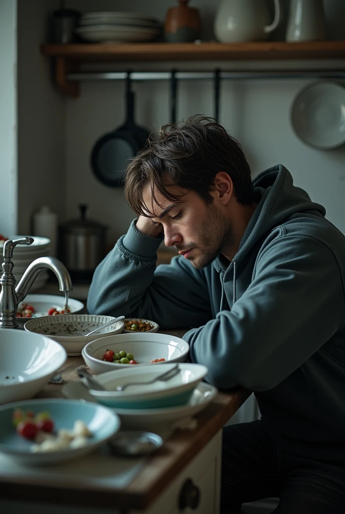 Sad 30 year old young man near lots of dirty dishes in the sink