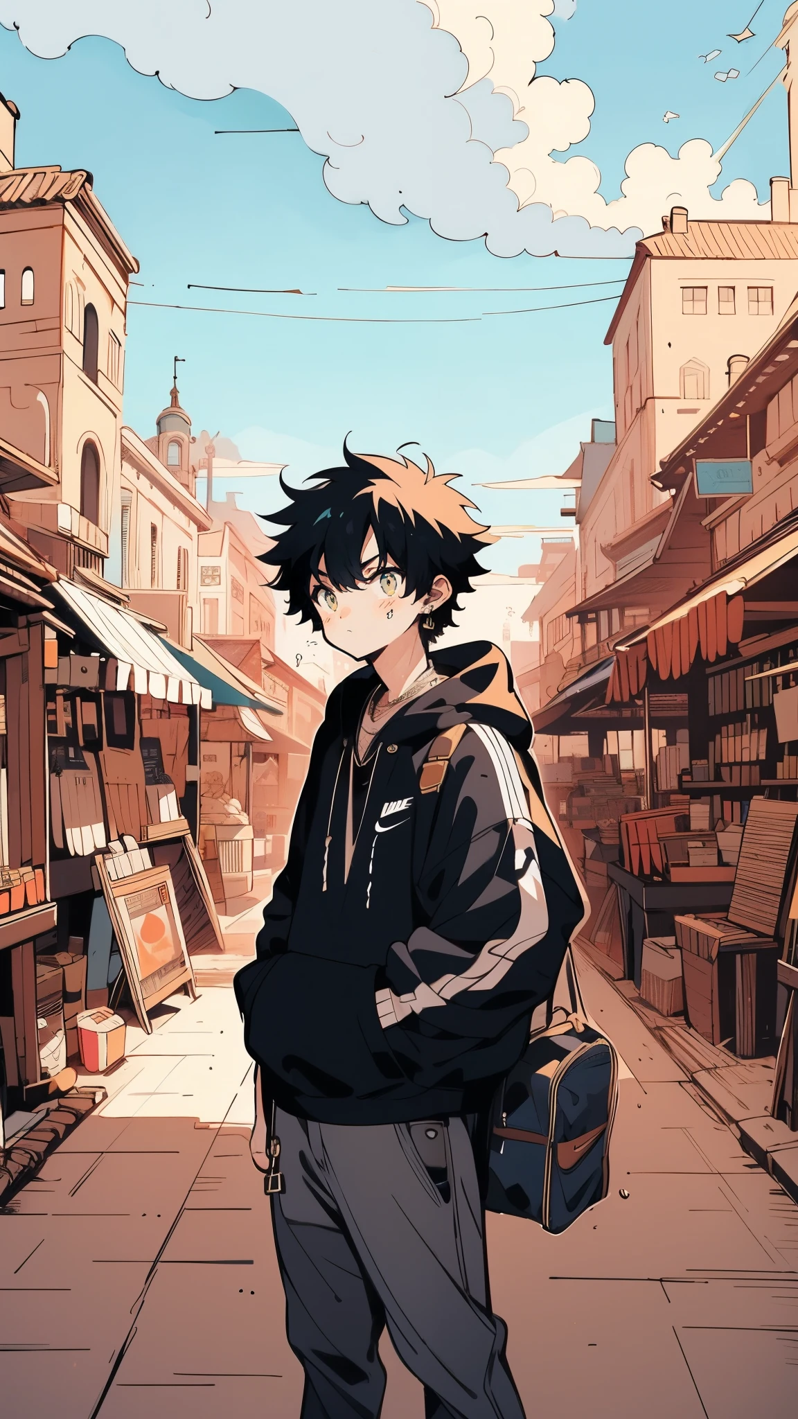 (high quality), (masterpiece), (detailed), 8K, (Bustling marketplace1.3) in ancient city, (character in black Nike hoodie1.3) stands out against (historical architecture1.2). Vendors and shoppers move around (colorful stalls1.2), warm sunlight casts (long shadows1.2). Vivid, lively, high contrast, detailed textures, historical-modern fusion. (high quality), (masterpiece), (detailed), 8K, Anime style character with (cool and edgy tattoos1.3), dressed in (fashionable clothing1.2), posing confidently. Expression fierce, stylish accessory coiled around arm. Thicker outlines emphasize striking, modern fashion, vibrant palette enhances scene.