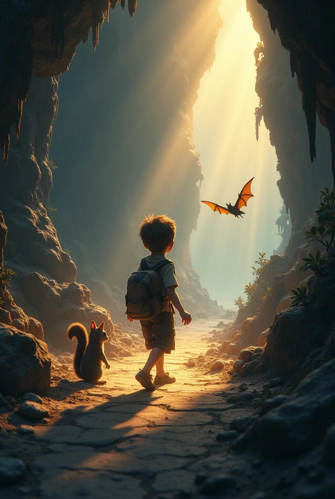 an image of a boy inside a cave with a bat and a squirrel walking and arriving at a place marked with an x