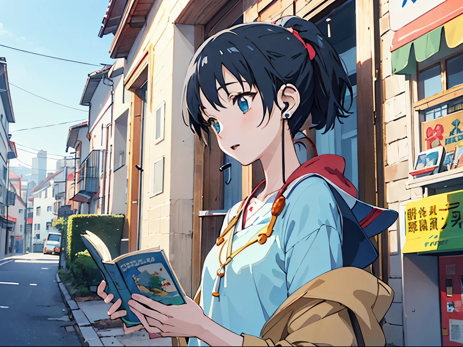 ((Highest quality)), ((masterpiece)), (detailed), One girl, Ghibli-style anime woman with earphones、machine、reading、Ghibli-style illustrations、City Pop