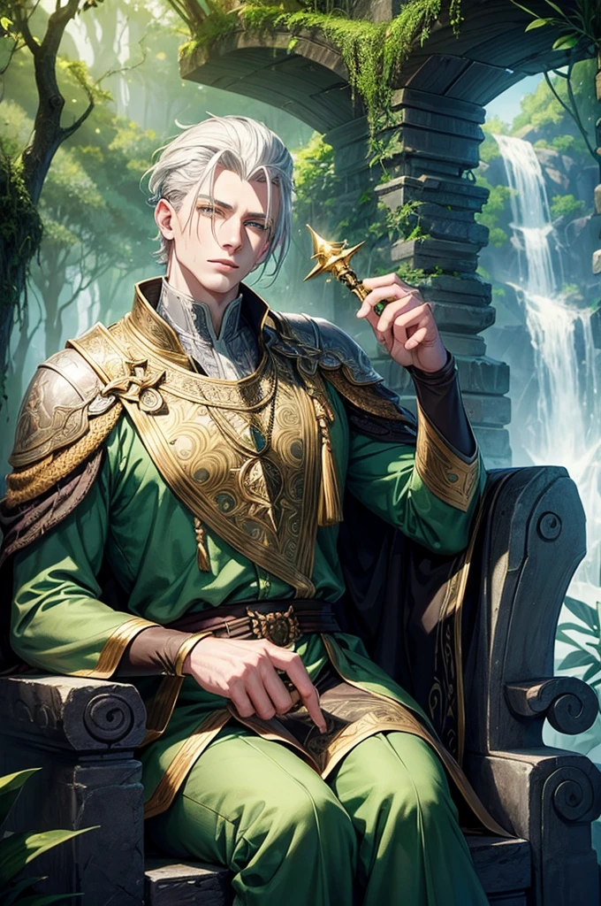 A charismatic man with pale skin and short, grey hair slicked back sits on a stone throne surrounded by dense vegetation and a light mist. His emerald green eyes are filled with mystery. He wears a dark green tunic with golden details and holds a scepter adorned with a large green gemstone. The background features lush greenery and a mystical atmosphere. The scene is rendered in high-detail fantasy digital art with rich textures and subdued lighting