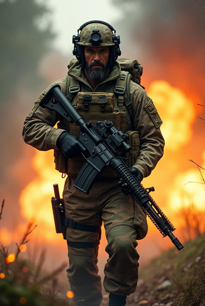 Photorealism 1.4 realistic realism high detailed definition create for me movie poster 6 commando on the centre background explosion shooting action smoke effect with backpack woodland camouflage uniform M4 carbine rifle with scope tactical helmet headphones gear